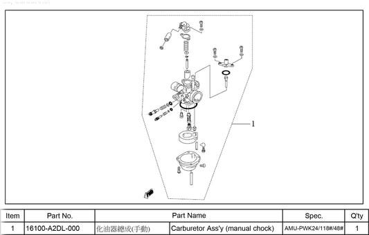 16100-PWK-024	Carburetor Ass'y AMU-PWK24, PWK19, PWK21