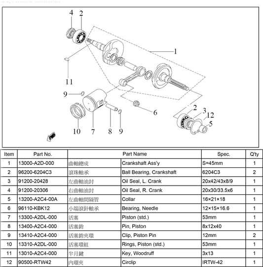 13300-A2DL-000	Piston (std.) 53m/m, 100cc